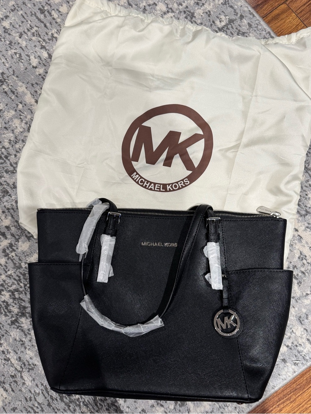 New Michael Kors Black Saffiano Tote with MK Charm